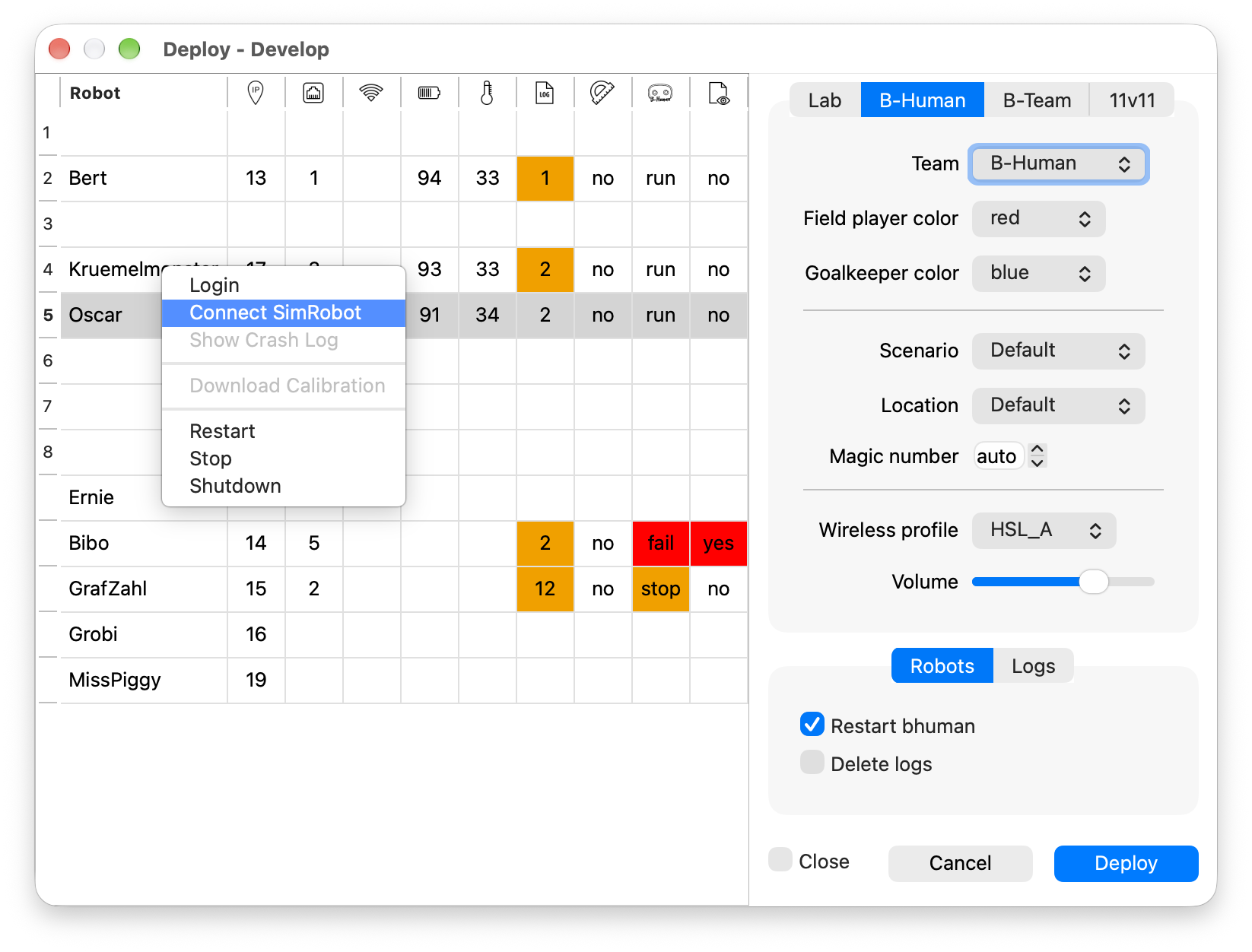 Screenshot of the deploy dialog